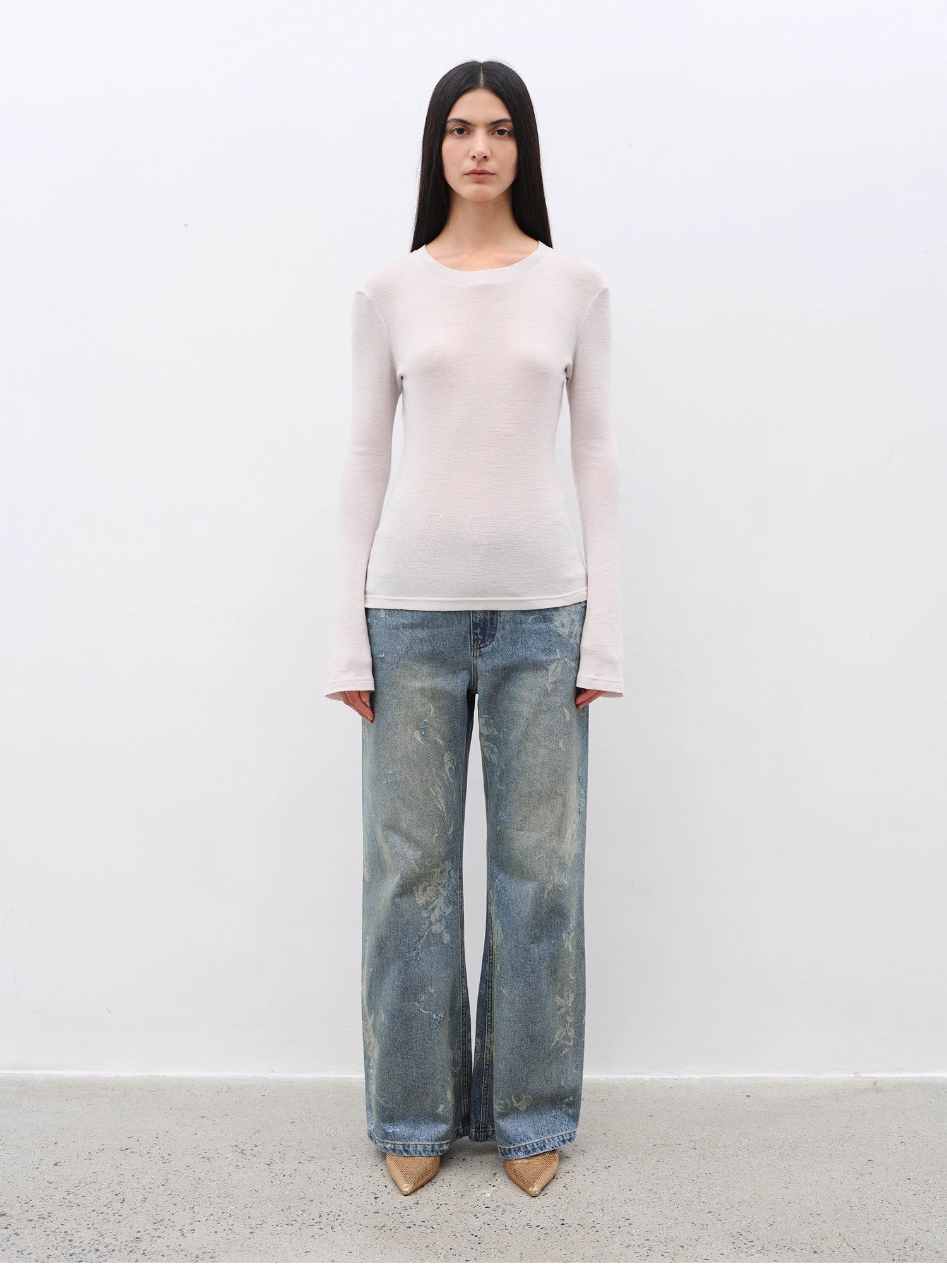 Women's Glove cuffs white sweater loose slightly flared long sleeve O-neck Slim Fit basic T-shirt，"urban simplicity"-4