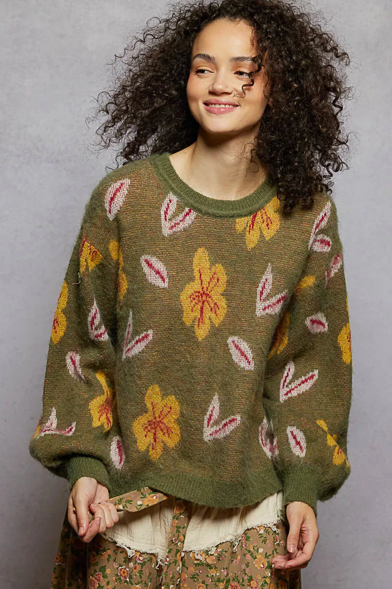 POL Floral Pattern Round Neck Balloon Sleeve Sweater