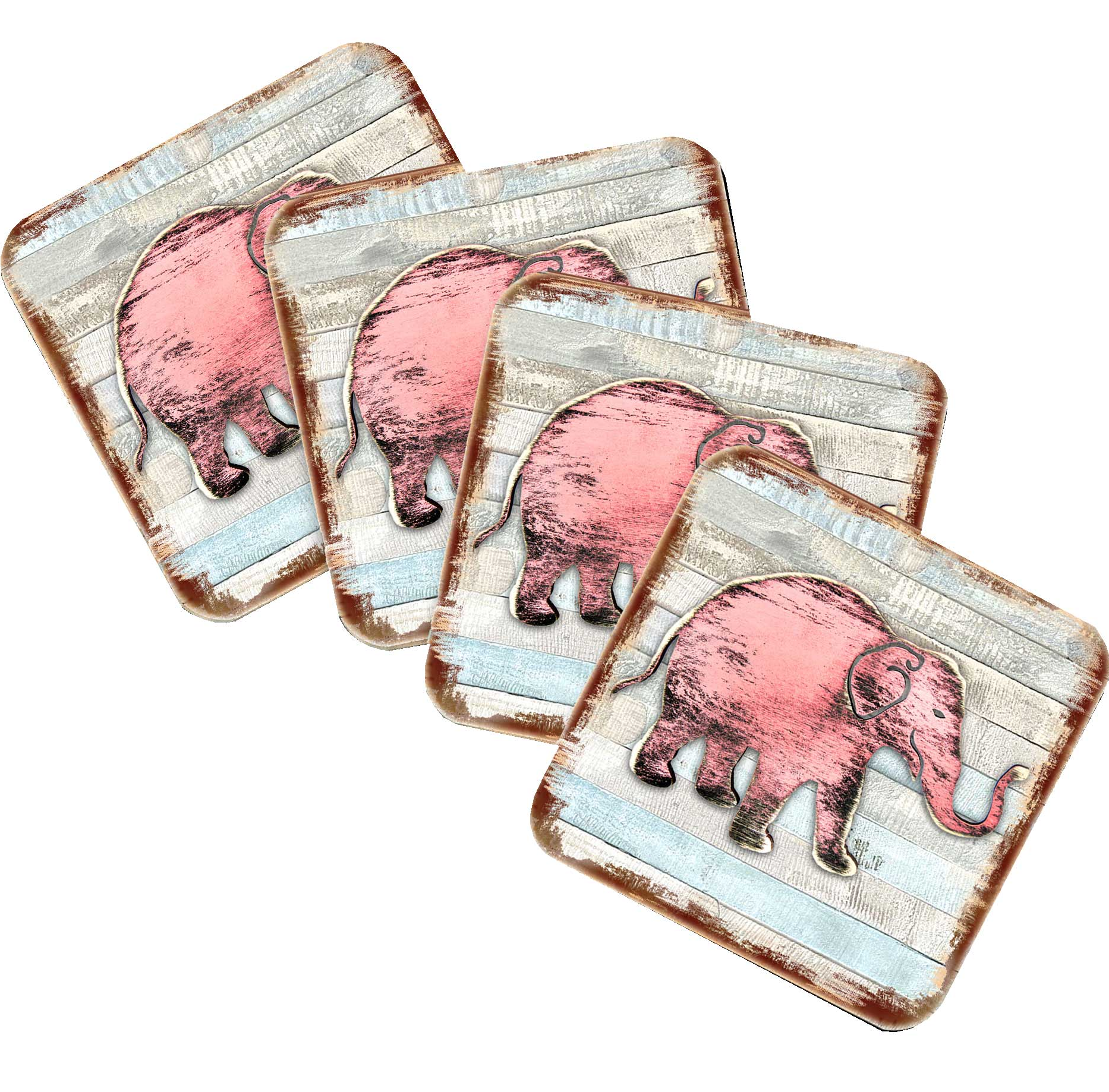 Elephant Wooden Cork Coasters Gift Set of 4 by Nature Wonders - Nature Wildlife Decor  - 8198229-9C-S4