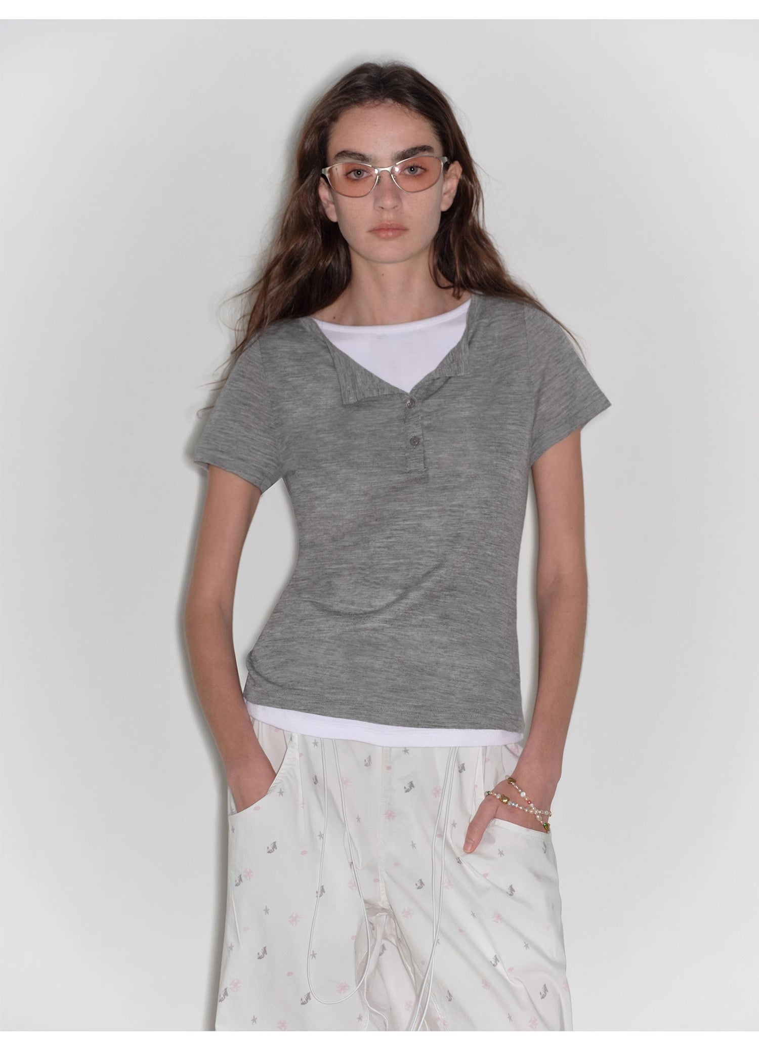 "Simple Advent" Fine Australian Wool Skin-Friendly Fit Henley Neck Tight T-Shirt-4