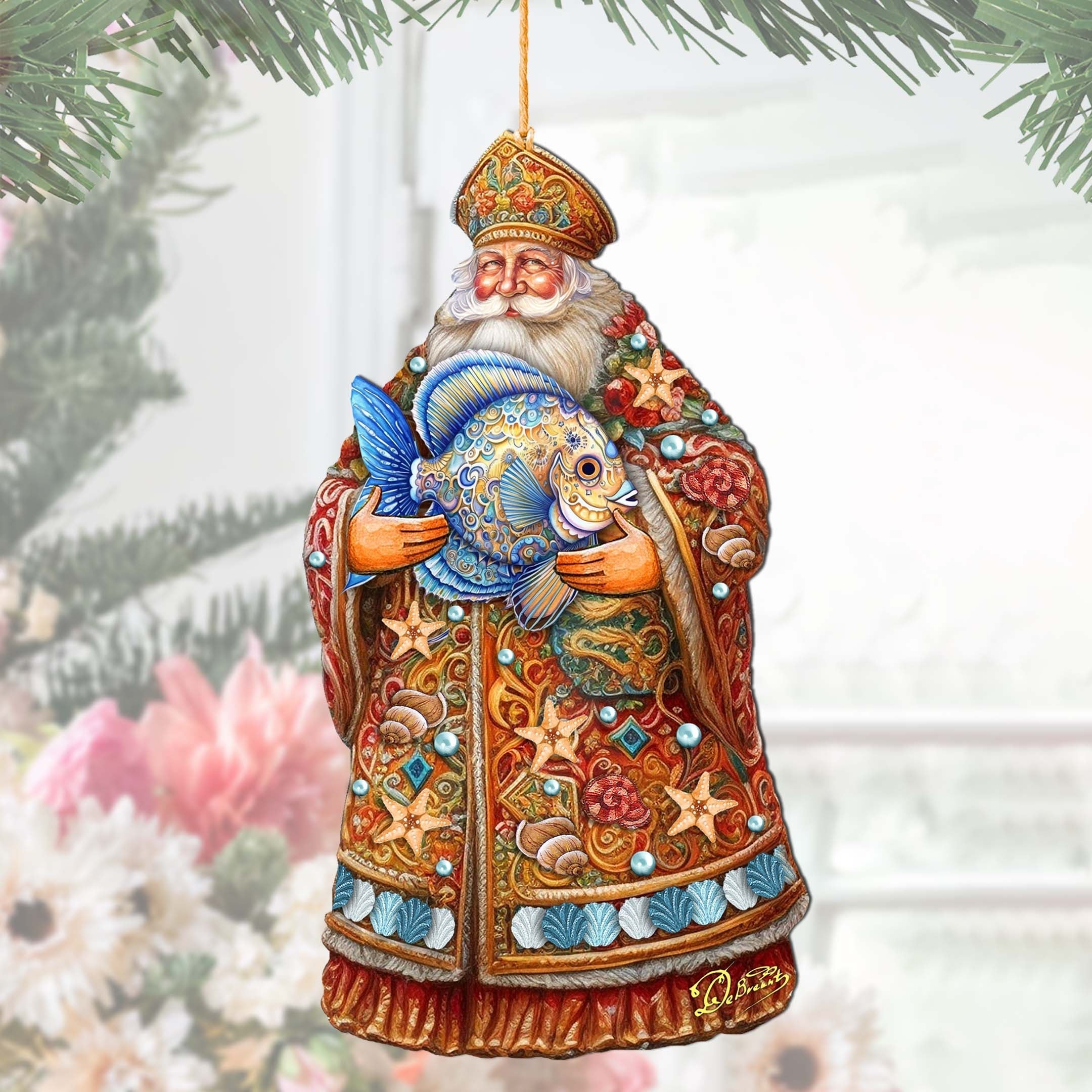 Santa with Fish Wooden Ornaments by G. Debrekht - Christmas Santa Snowman Decor - 8691411