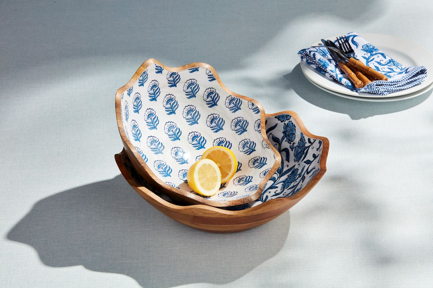 Blue Floral Block Print Enamel Mango Wood Bowl