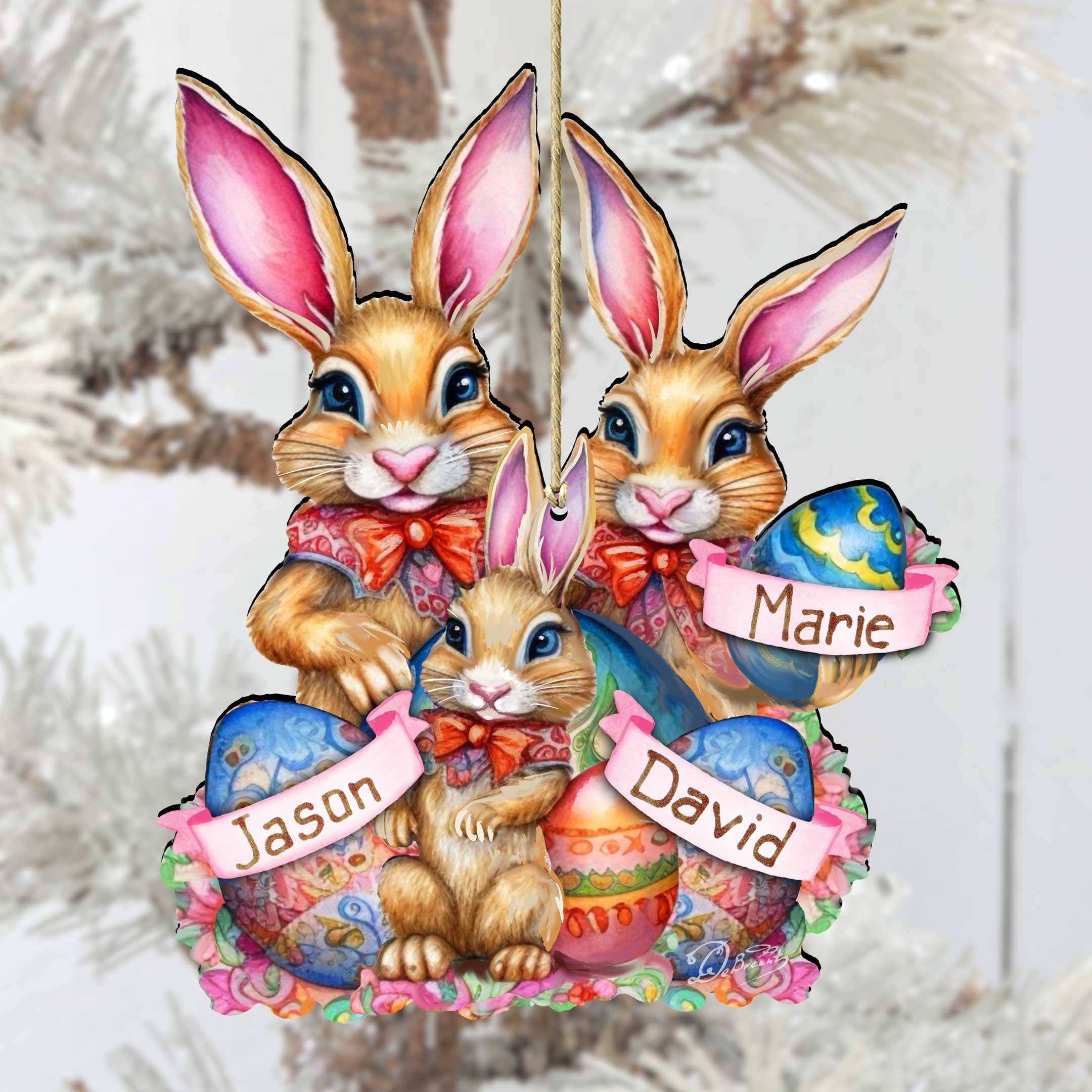 Personalized Family Easter Ornaments, Easter Basket Tag - 3 Family Member Names Bunny with Eggs Wooden Ornaments by G. Debrekht Easter Spring Decor - 8652788P