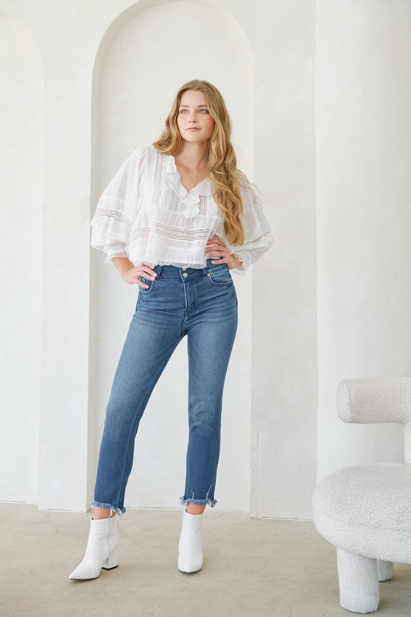 Refined Heights Corset Double Waistband Straight Frayed Hem Jeans