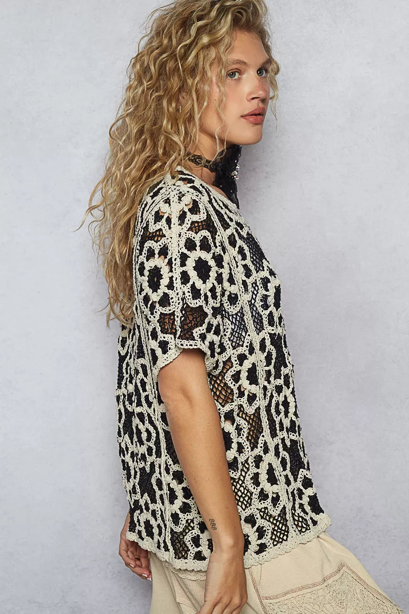 POL Openwork Short Sleeve Crochet Knit Top with Weave Knit Patterns