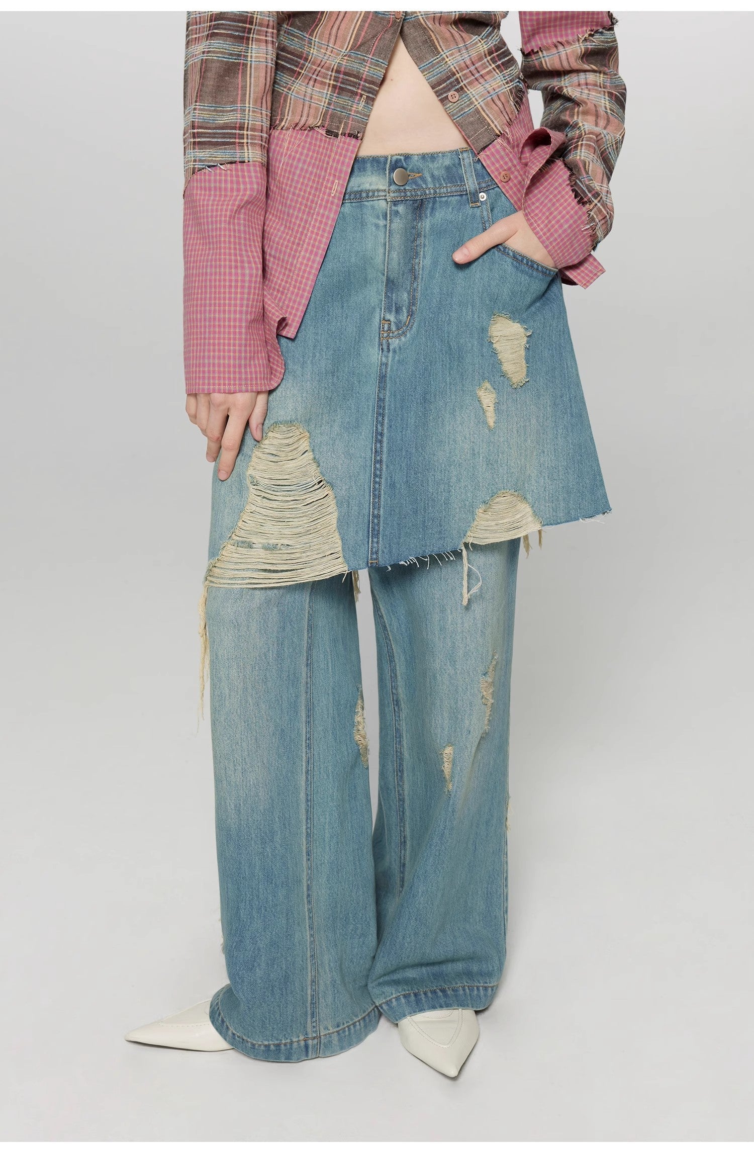 Tencel blended fake two-piece stitching jeans women's ripped raw edge straight wide-leg pants"Fashionable Sniper"-4