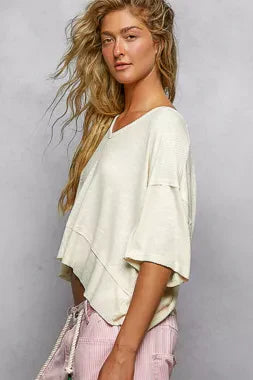 POL Short Sleeve Ccopped Rib T-Shirt with Contrast Stitch Detail