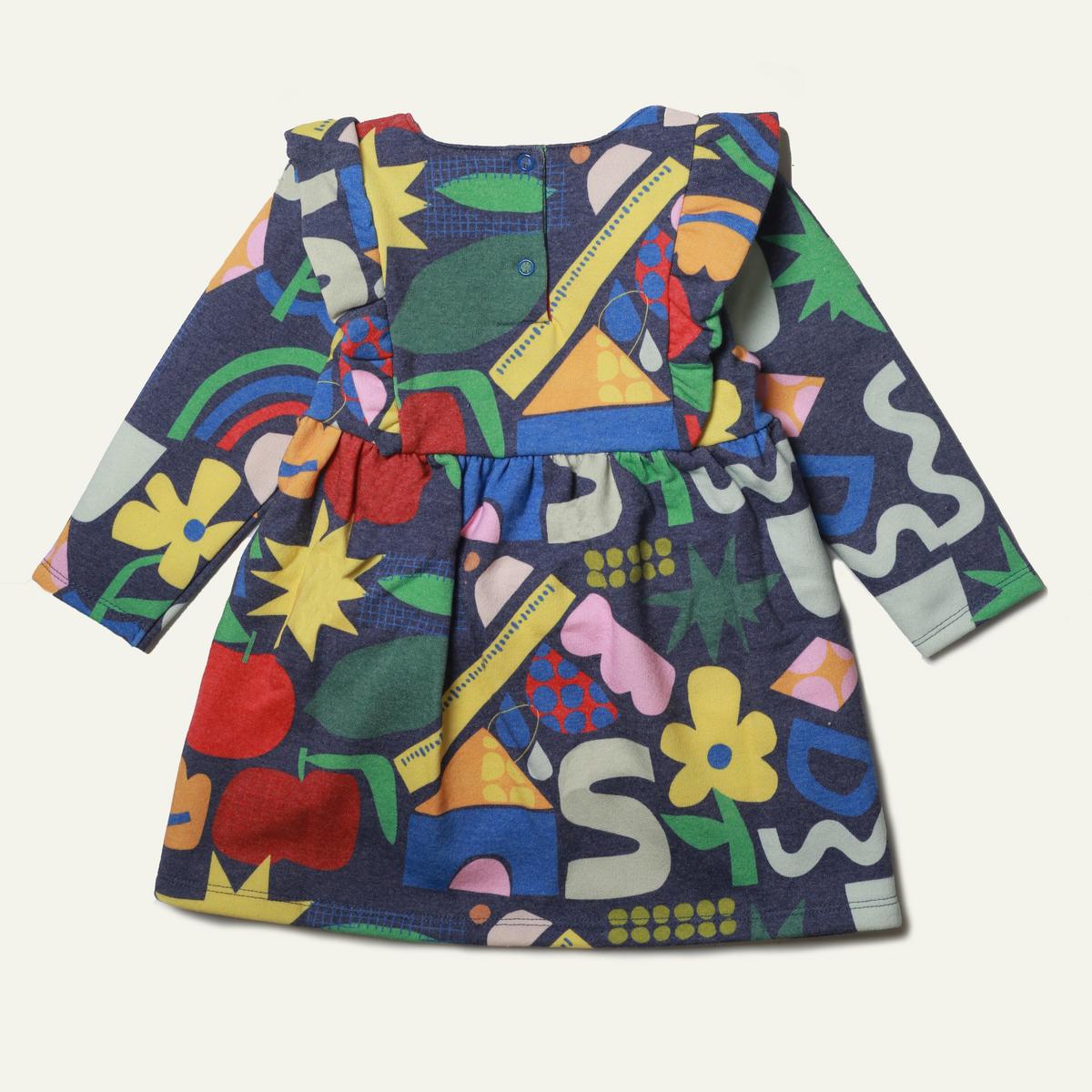 Recycled Cotton Pattern Baby Ruffle Dress - Blue Ribbon Multi