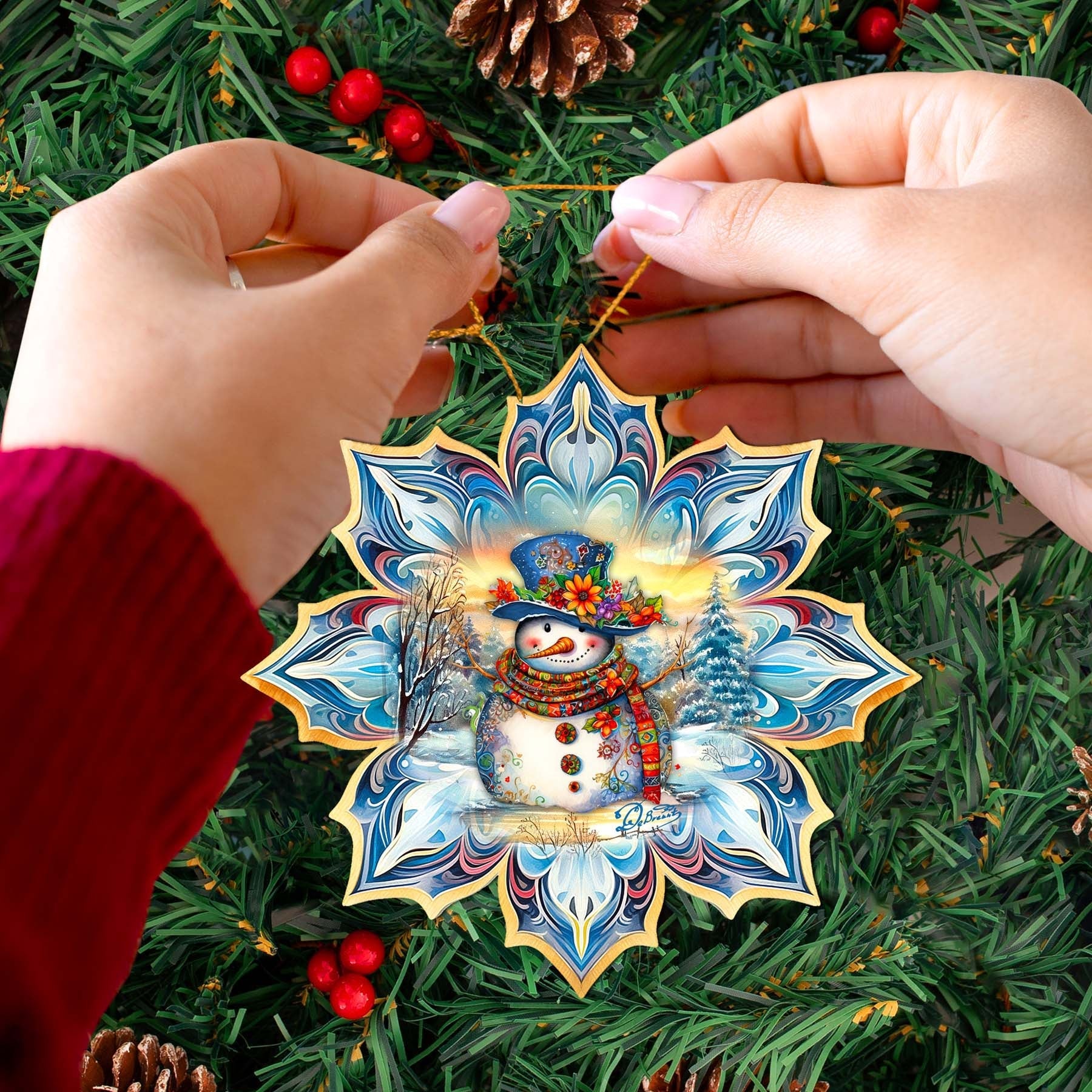 Snowman Blue Snowflake Wooden Ornaments by G. Debrekht - Christmas Santa Snowman Decor - 8688427