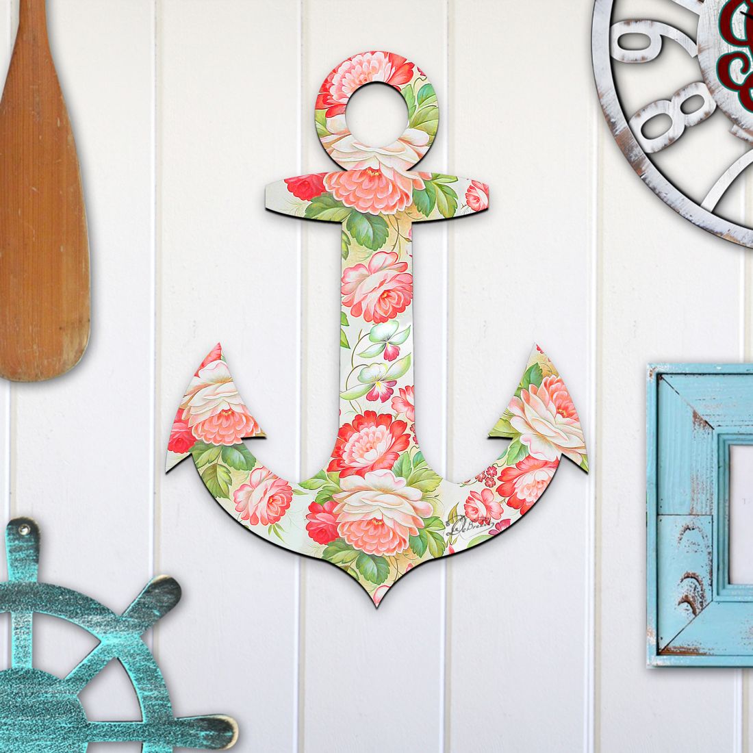Vintage Floral Anchor Coastal Door by G. DeBrekht - Coastal Holiday Decor - 8198521-3H