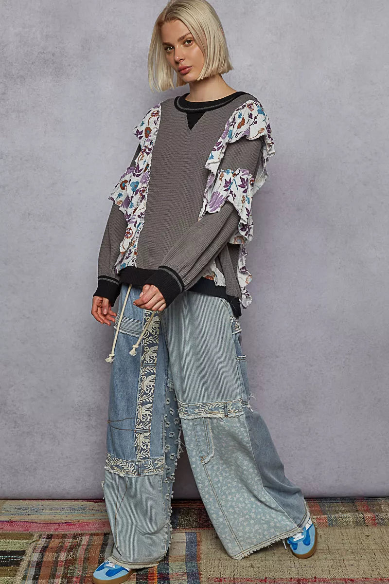 POL Round Neck Sweater with Floral Ruffle Detail