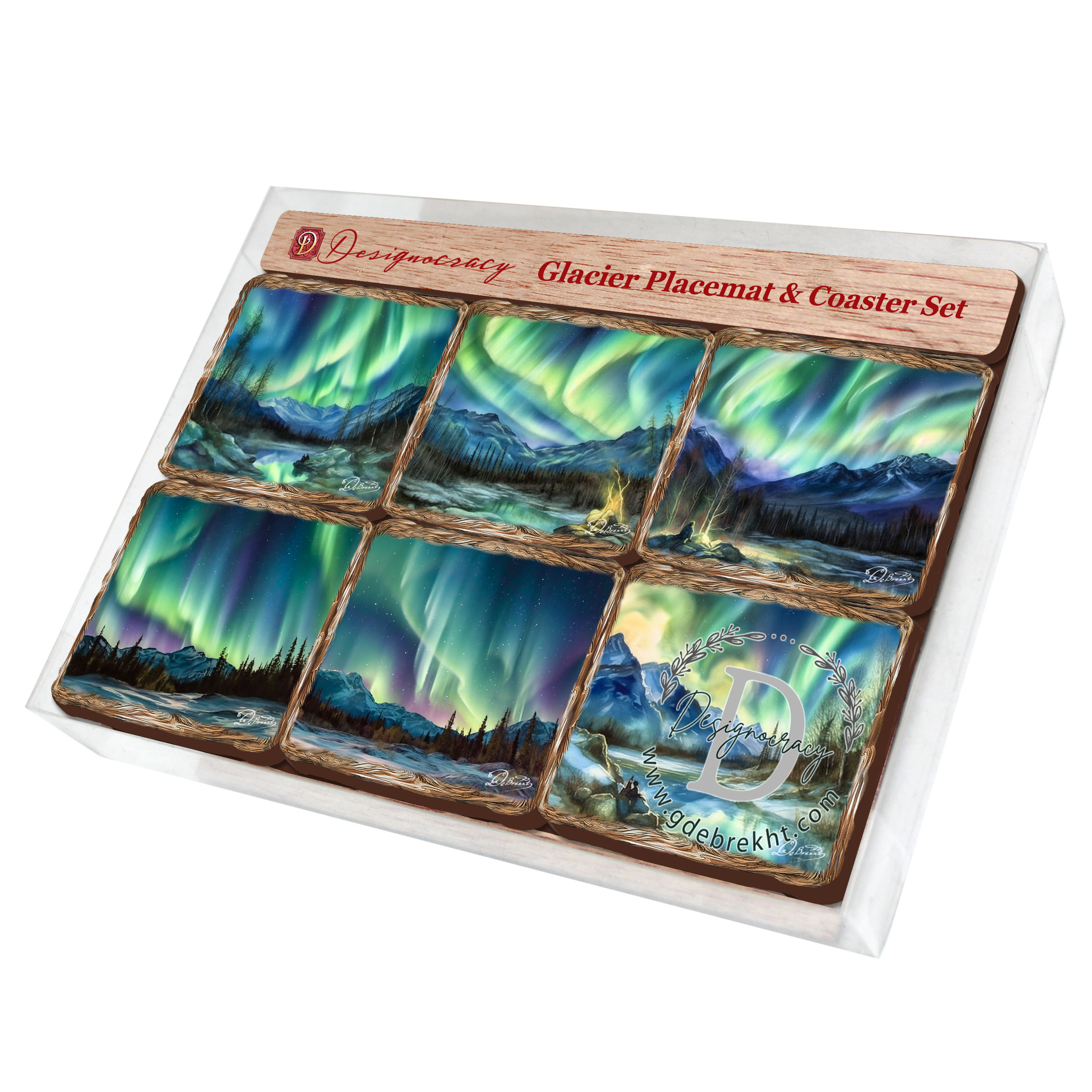 Northern Lights Wooden Cork Placemat and Coasters Gift Set of 7 by Nature Wonders Nature Wildlife Decor  - 85401C-S7
