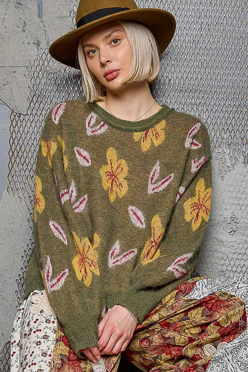POL Floral Pattern Round Neck Balloon Sleeve Sweater