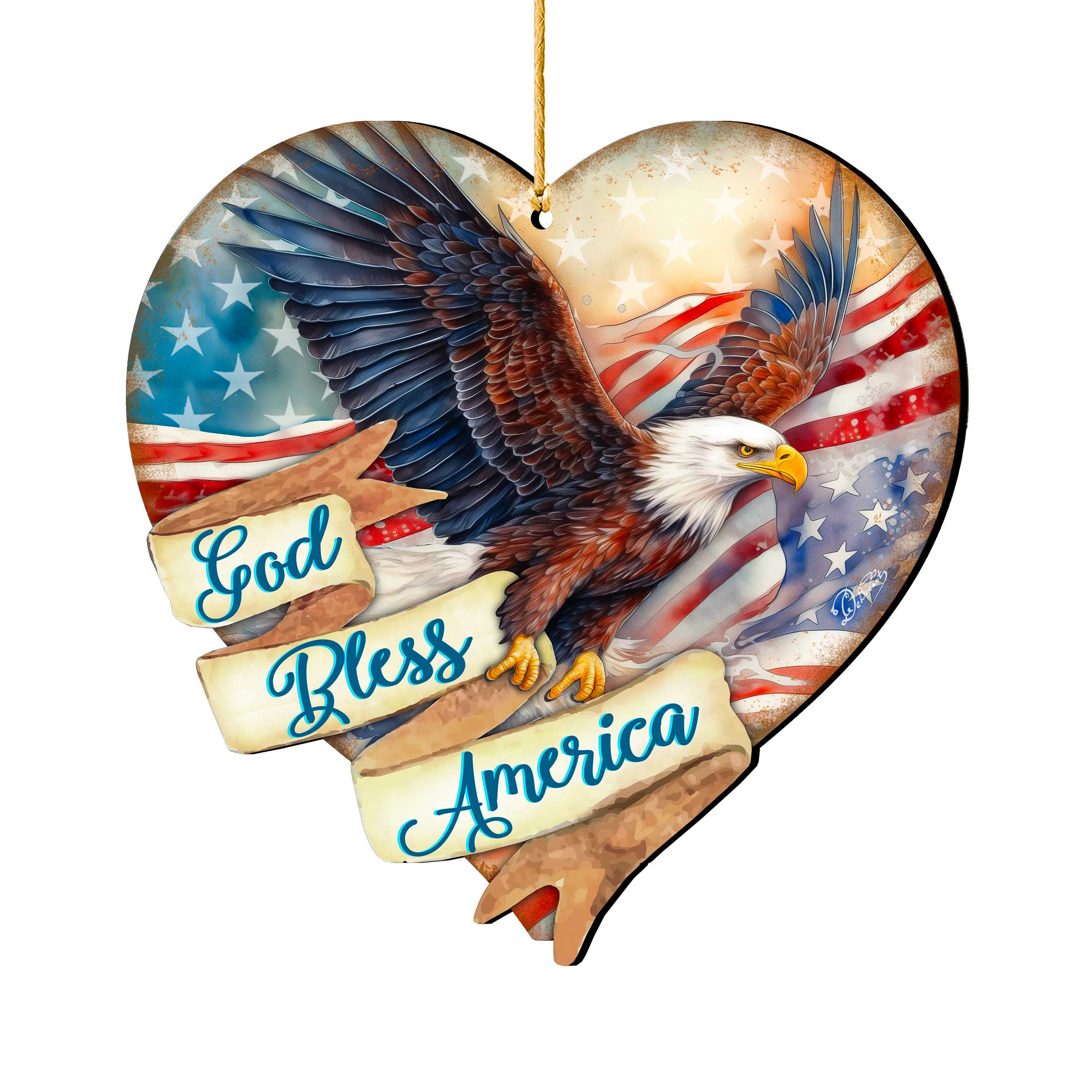 God Bless America Patriotic Eagle Heart Wooden Ornaments by G.Debrekht American Holiday Decor - 8652789