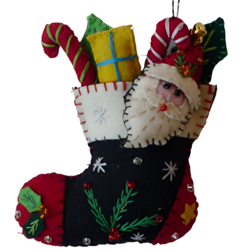 5" Santa Stocking w/Gifts Handmade Felted Wool Ornament