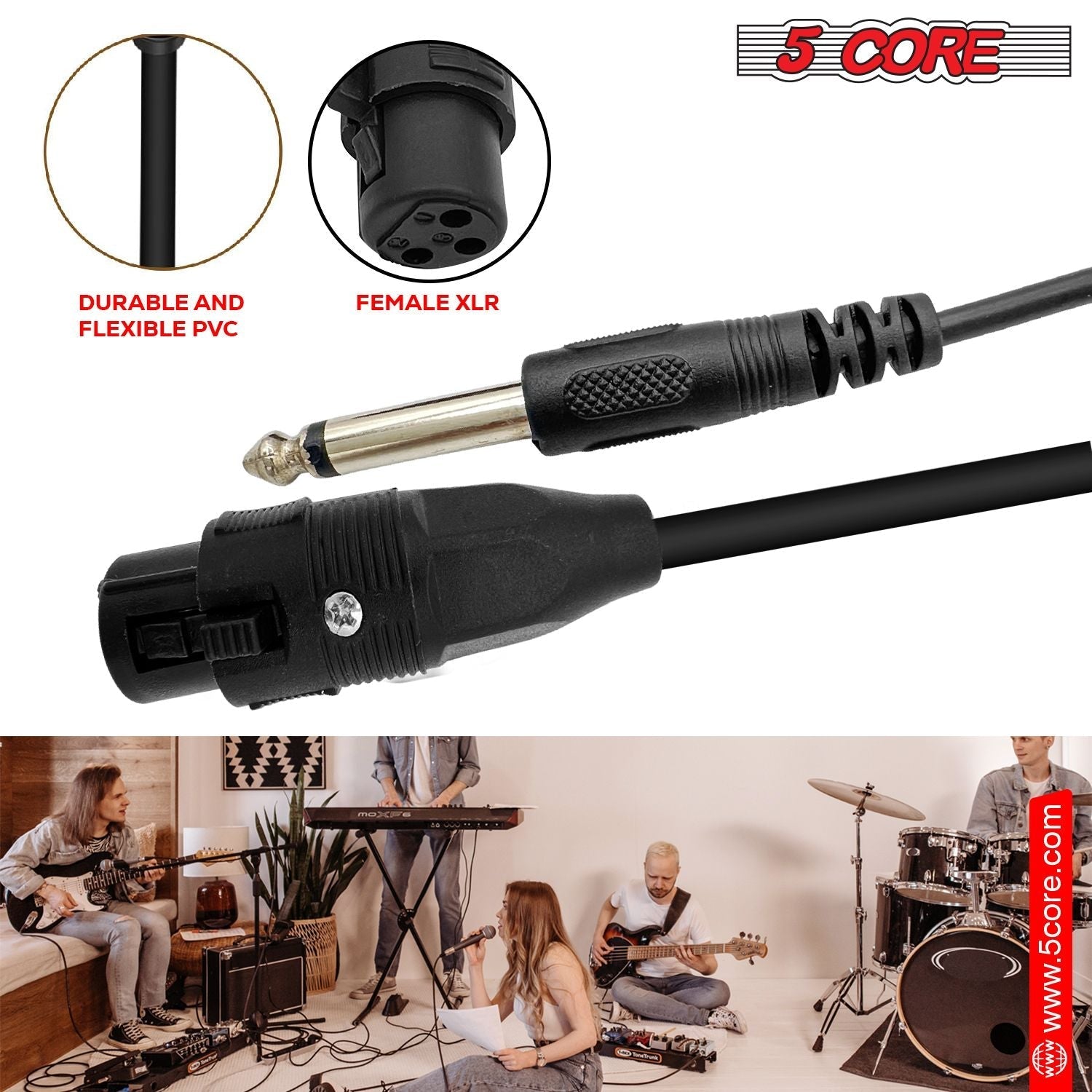 5 Core 10 Pieces Female XLR to 1/4 Inch (6.35mm) TS Mono Jack Microphone Cable, Unbalanced 3 Pin XLR Female to Quarter inch TS Plug Mic Cord for Dynamic Microphone - Mic Cord 10PCS