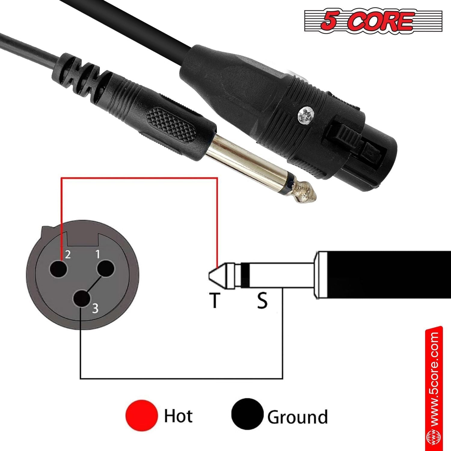 5 Core 10 Pieces Female XLR to 1/4 Inch (6.35mm) TS Mono Jack Microphone Cable, Unbalanced 3 Pin XLR Female to Quarter inch TS Plug Mic Cord for Dynamic Microphone - Mic Cord 10PCS