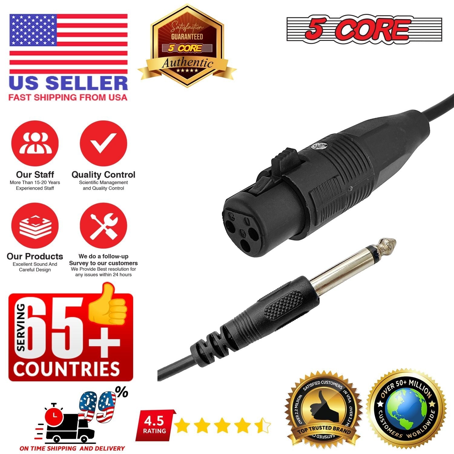 5 Core 10 Pieces Female XLR to 1/4 Inch (6.35mm) TS Mono Jack Microphone Cable, Unbalanced 3 Pin XLR Female to Quarter inch TS Plug Mic Cord for Dynamic Microphone - Mic Cord 10PCS