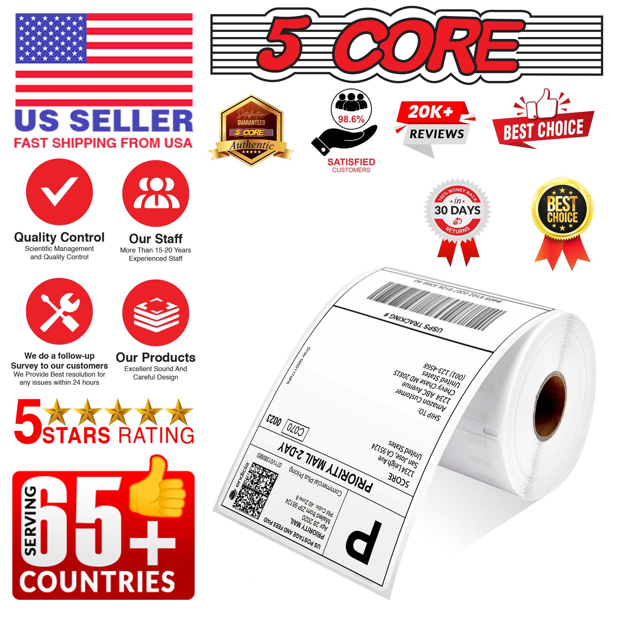 5 Core 4"x6" Direct Thermal Shipping Label 16Pk 4x6 Roll Direct 250/paper Sticker/Perforated White Mailing Labels, Commercial Grade, Premium Adhesive, Works w Most Thermal Printers- DTL 16PK