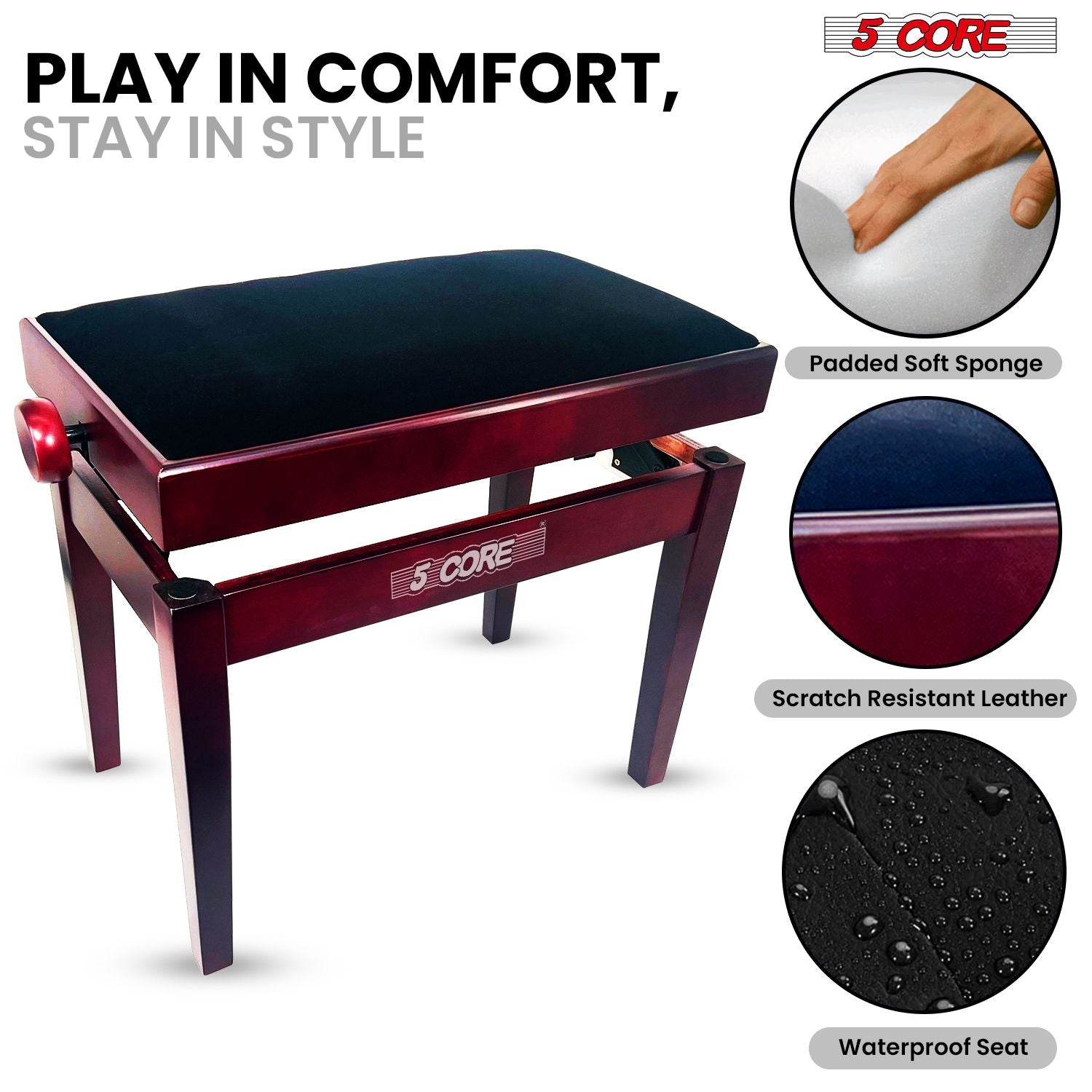 5 Core Adjustable Piano Bench Thick 3.25" Solid Wood Keyboard Stool Heavy Duty Musician Chair