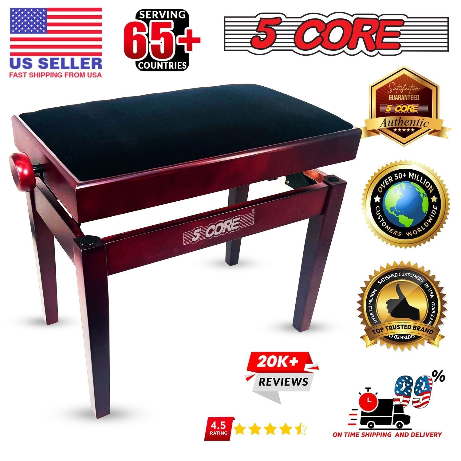 5 Core Adjustable Piano Bench Thick 3.25" Solid Wood Keyboard Stool Heavy Duty Musician Chair