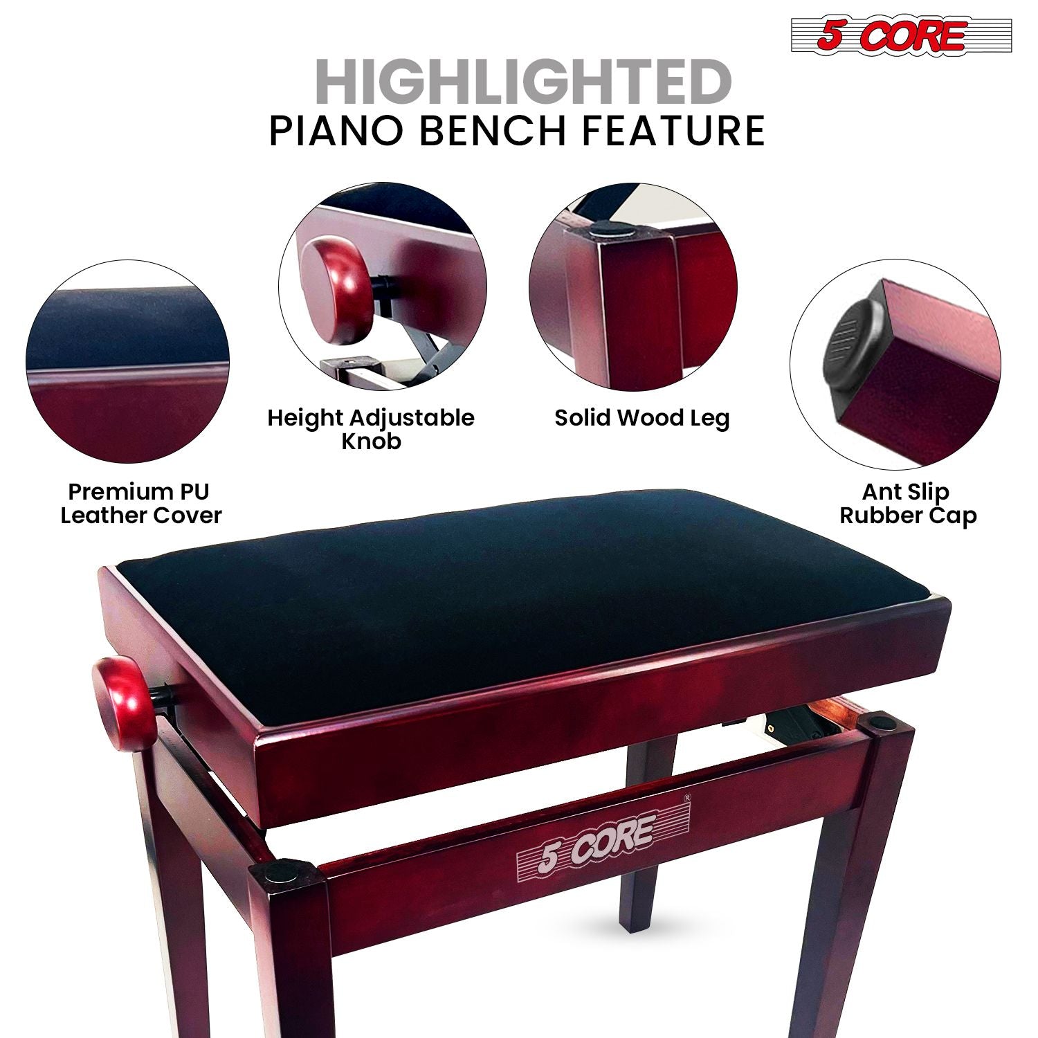5 Core Adjustable Piano Bench Thick 3.25" Solid Wood Keyboard Stool Heavy Duty Musician Chair
