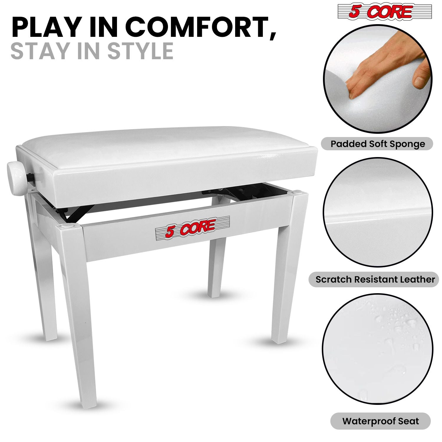 5 Core Adjustable Piano Bench Thick 3.25" Solid Wood Keyboard Stool Heavy Duty Musician Chair