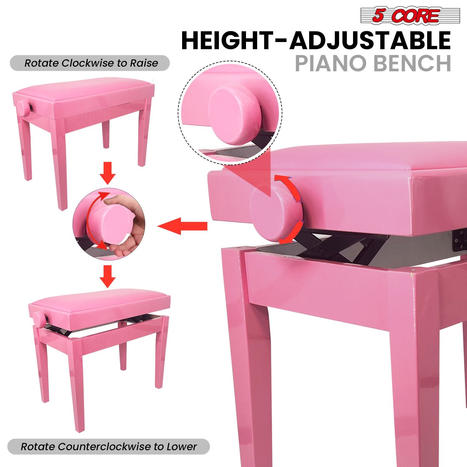 5 Core Adjustable Piano Bench Thick 3.25" Solid Wood Keyboard Stool Heavy Duty Musician Chair