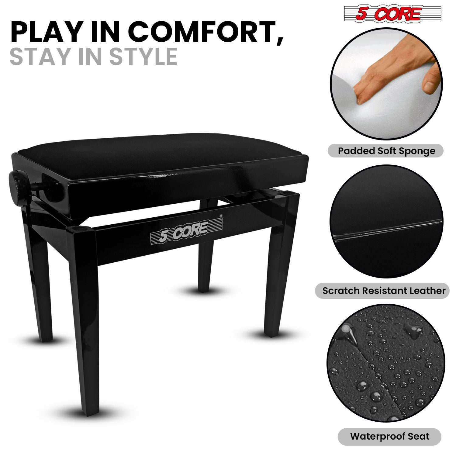 5 Core Adjustable Piano Bench Thick 3.25" Solid Wood Keyboard Stool Heavy Duty Musician Chair