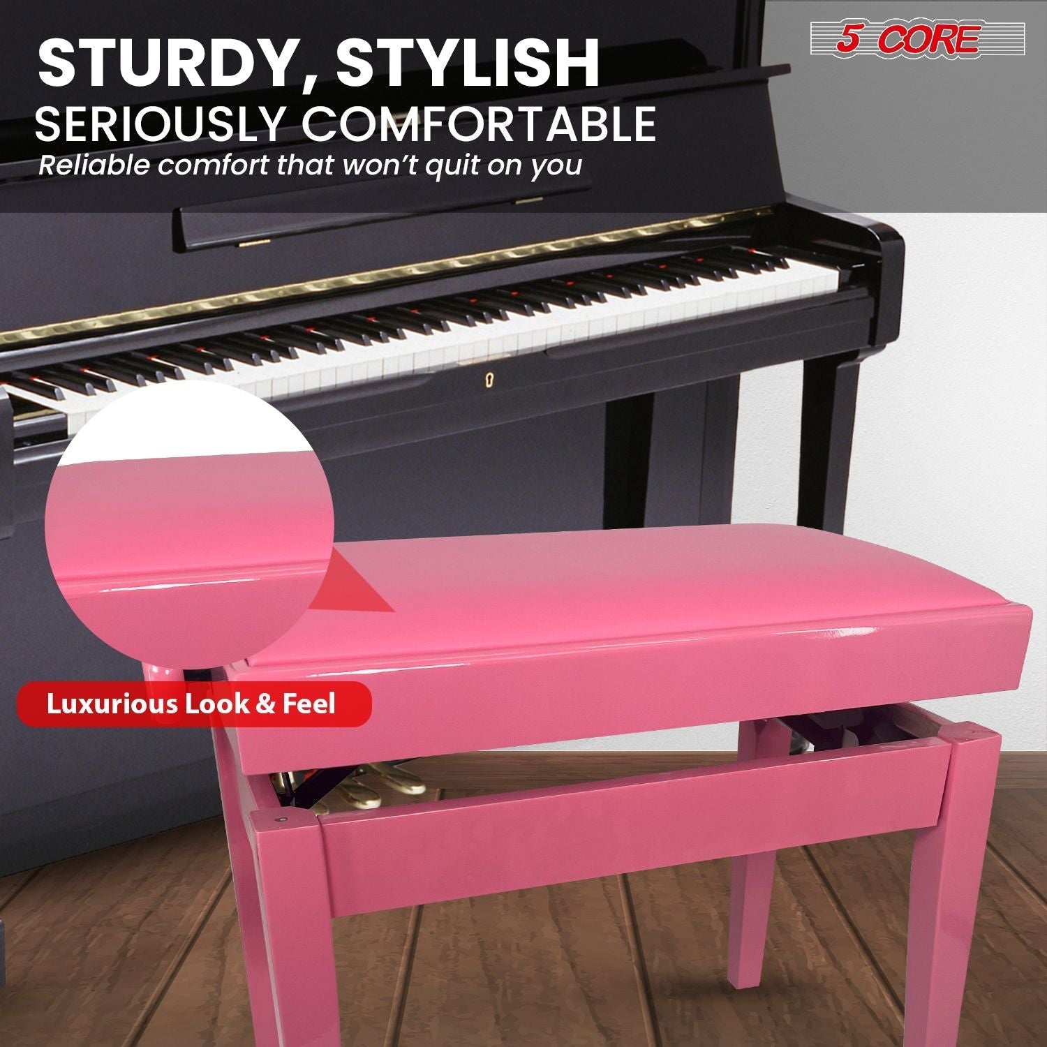 5 Core Adjustable Piano Bench Thick 3.25" Solid Wood Keyboard Stool Heavy Duty Musician Chair