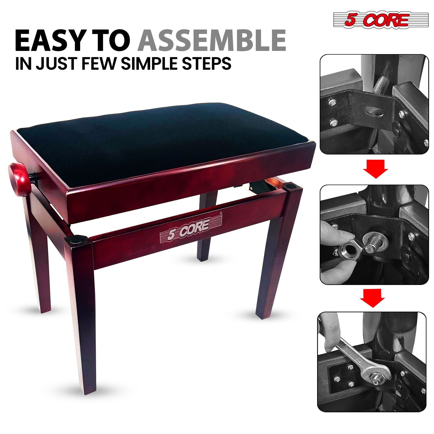 5 Core Adjustable Piano Bench Thick 3.25" Solid Wood Keyboard Stool Heavy Duty Musician Chair