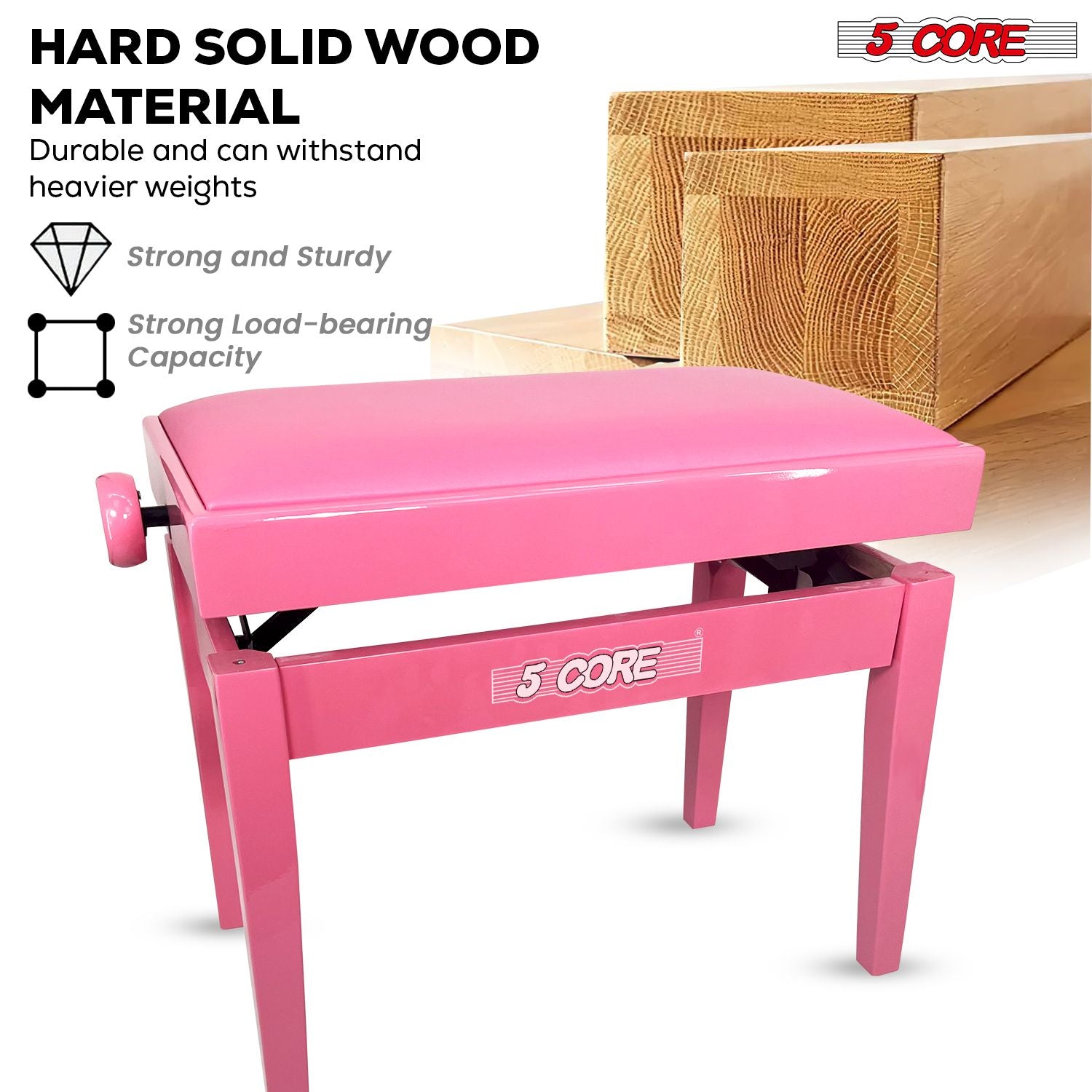 5 Core Adjustable Piano Bench Thick 3.25" Solid Wood Keyboard Stool Heavy Duty Musician Chair
