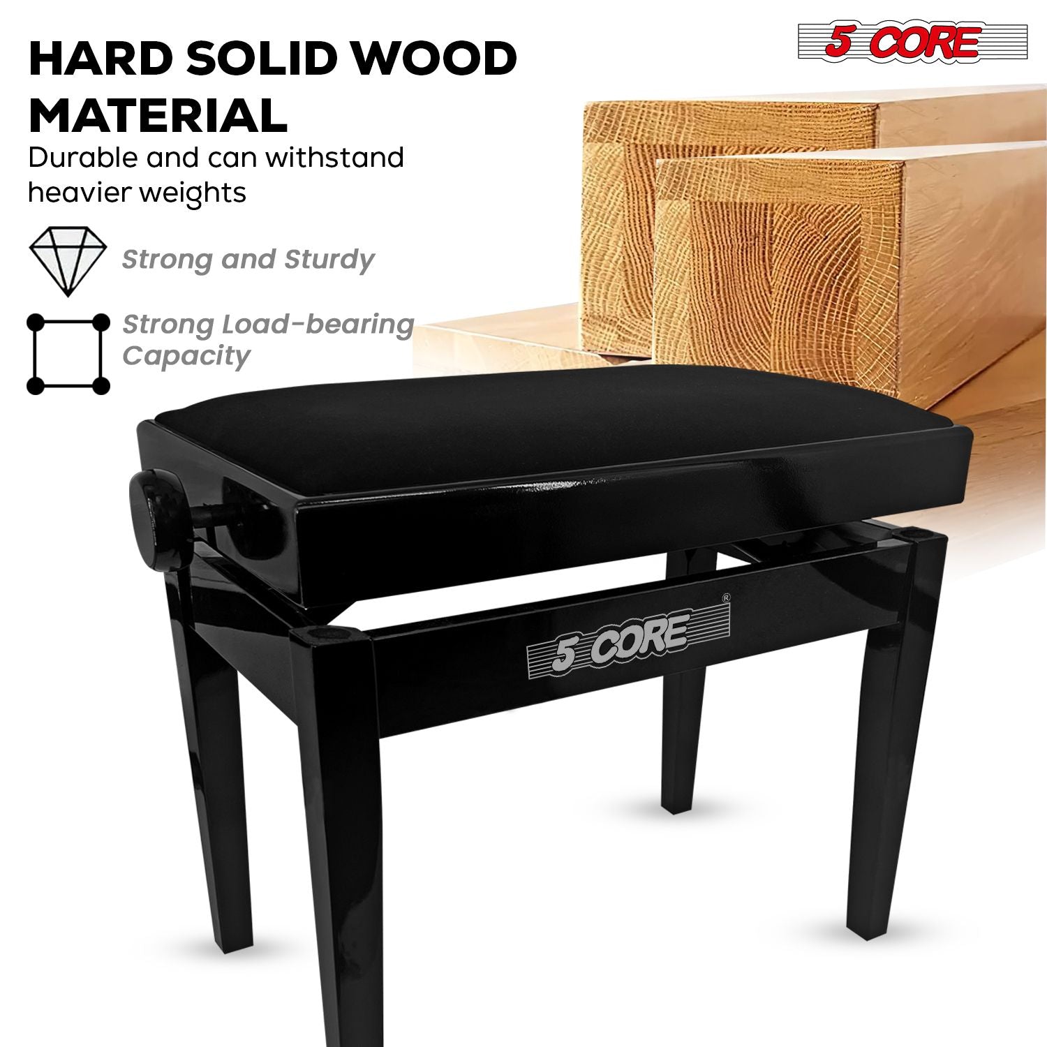5 Core Adjustable Piano Bench Thick 3.25" Solid Wood Keyboard Stool Heavy Duty Musician Chair