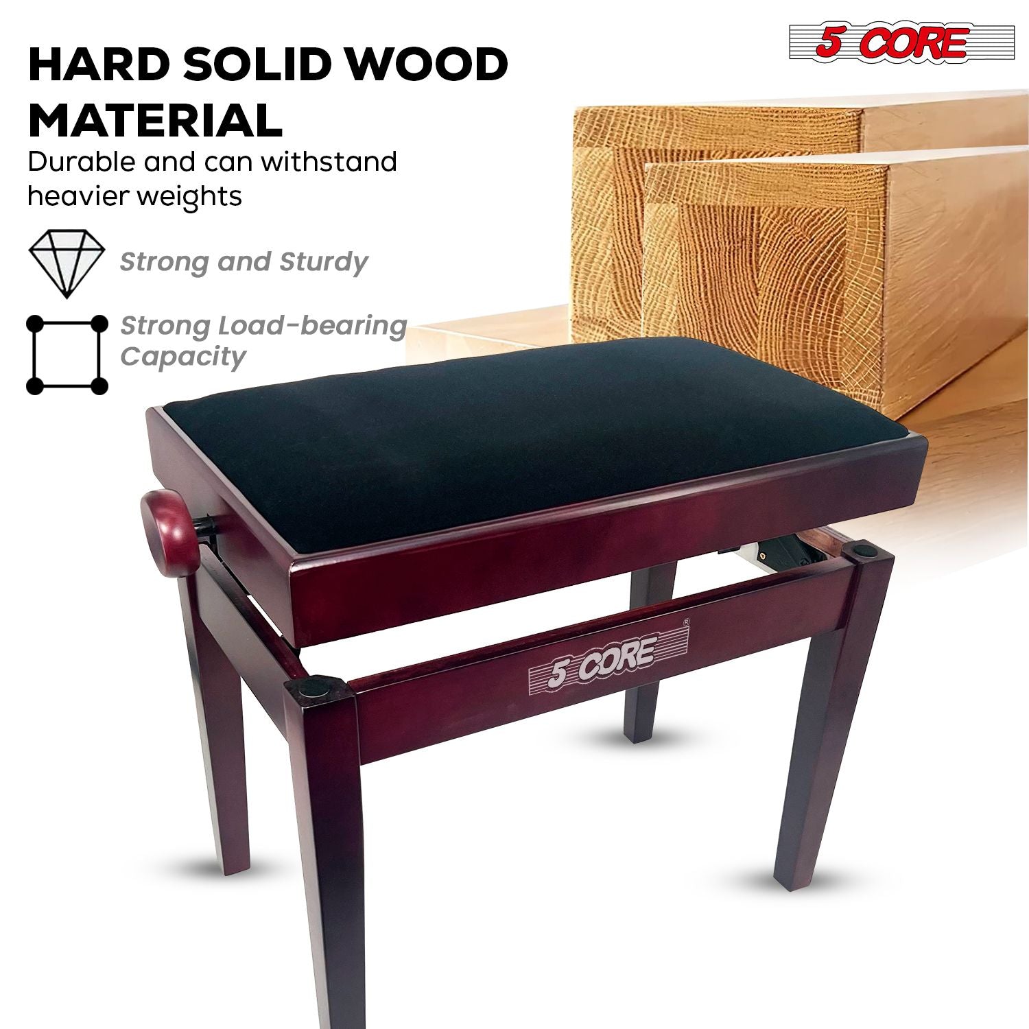 5 Core Adjustable Piano Bench Thick 3.25" Solid Wood Keyboard Stool Heavy Duty Musician Chair