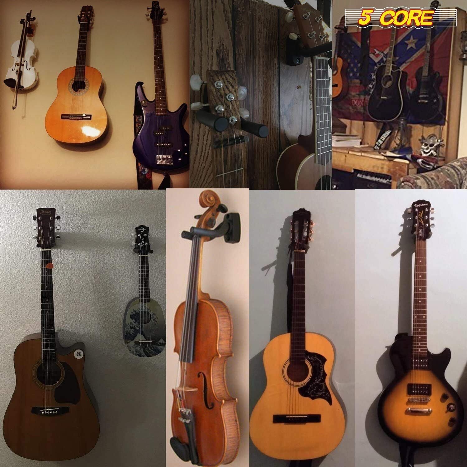 5 CORE Guitar Wall Mount Hanger Hook for Acoustic Classical Electric Bass Guitars - GH IRON 2PCS