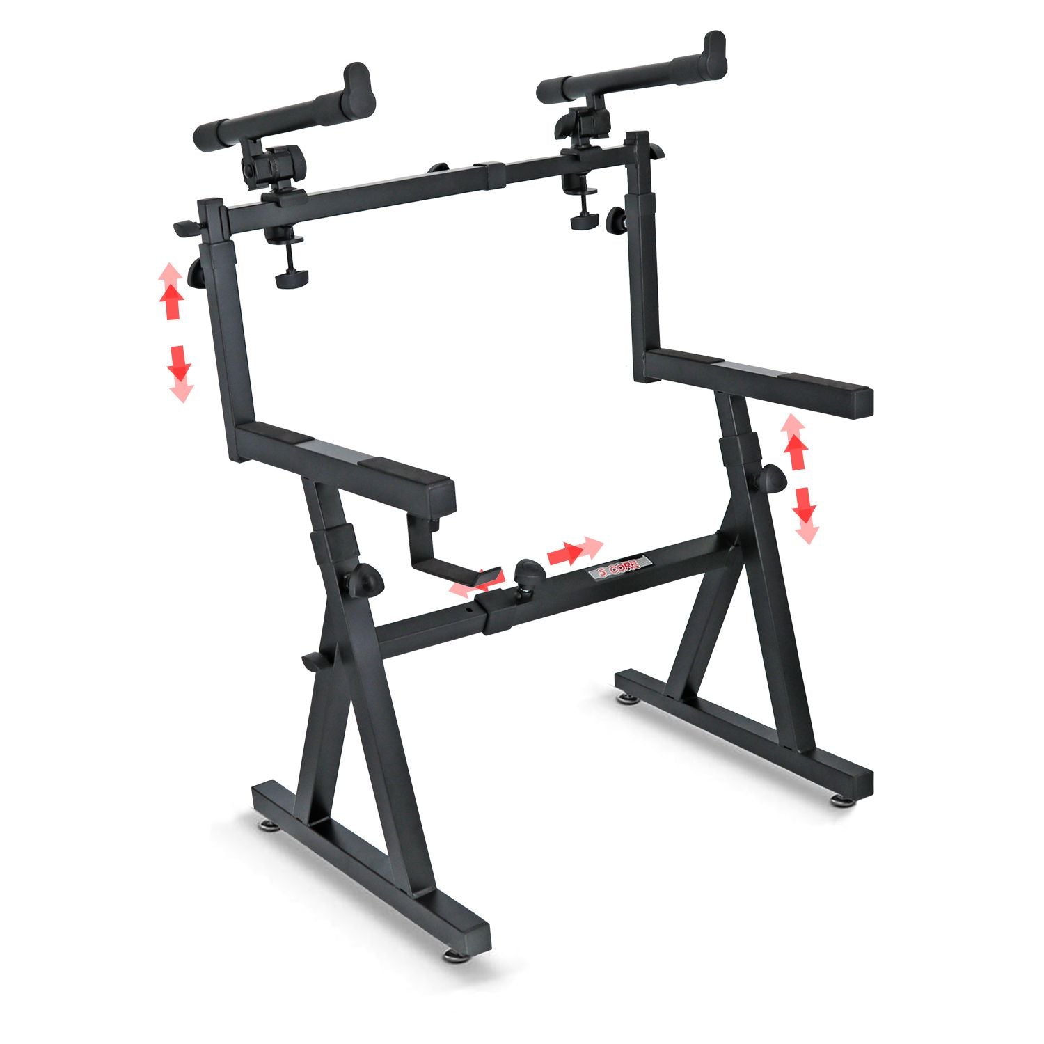 5 CORE Keyboard Stand 2 Tier Z Style Adjustable Electric Piano Riser Foldable & Heavy Duty Lift Holder With Secure Strap Mount For 54 88 Key Instruments - KS Z1 BLK HD + 2T
