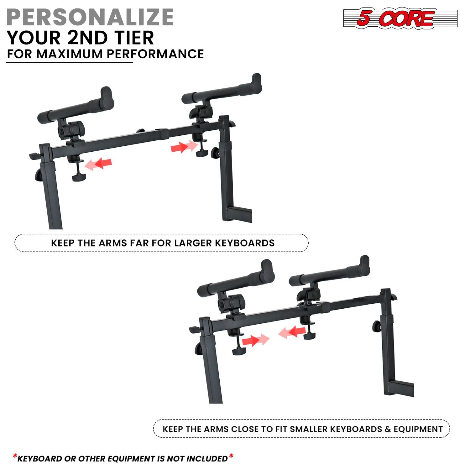 5 CORE Keyboard Stand 2 Tier Z Style Adjustable Electric Piano Riser Foldable & Heavy Duty Lift Holder With Secure Strap Mount For 54 88 Key Instruments - KS Z1 BLK HD + 2T