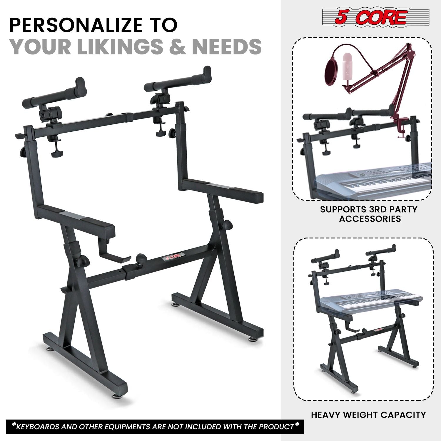 5 CORE Keyboard Stand 2 Tier Z Style Adjustable Electric Piano Riser Foldable & Heavy Duty Lift Holder With Secure Strap Mount For 54 88 Key Instruments - KS Z1 BLK HD + 2T