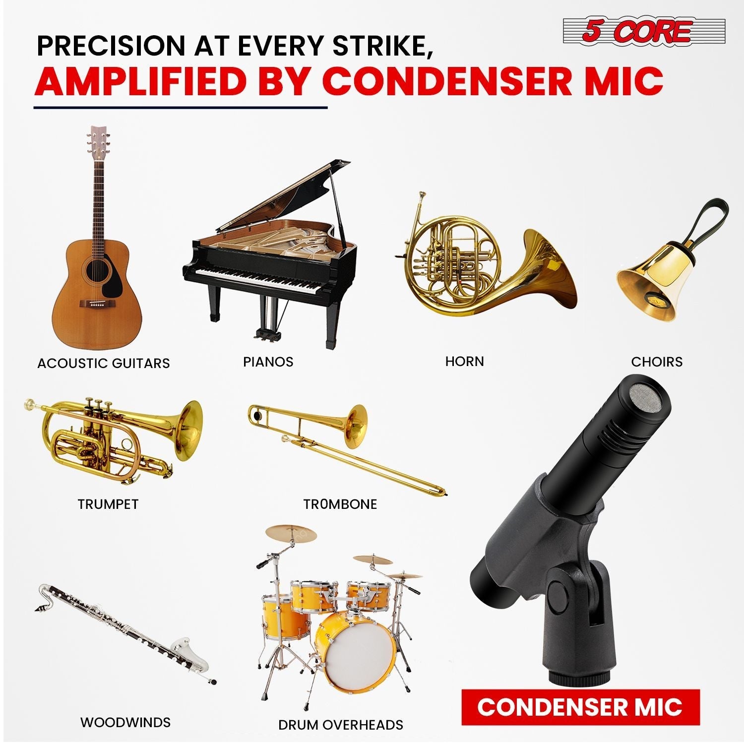 5 CORE Professional Instrument Microphone Pencil Mic Condenser Cardioid Unidirectional Stick Microfono with Windscreen Mic Clip & Case - INSTRU MIC 300 BLK