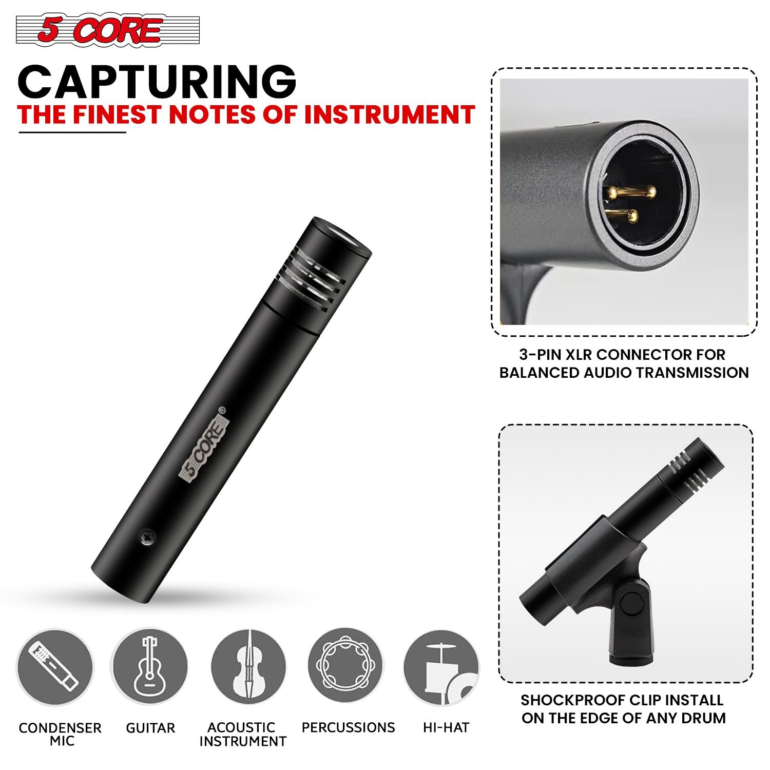 5 CORE Professional Instrument Microphone Pencil Mic Condenser Cardioid Unidirectional Stick Microfono with Windscreen Mic Clip & Case - INSTRU MIC 300 BLK