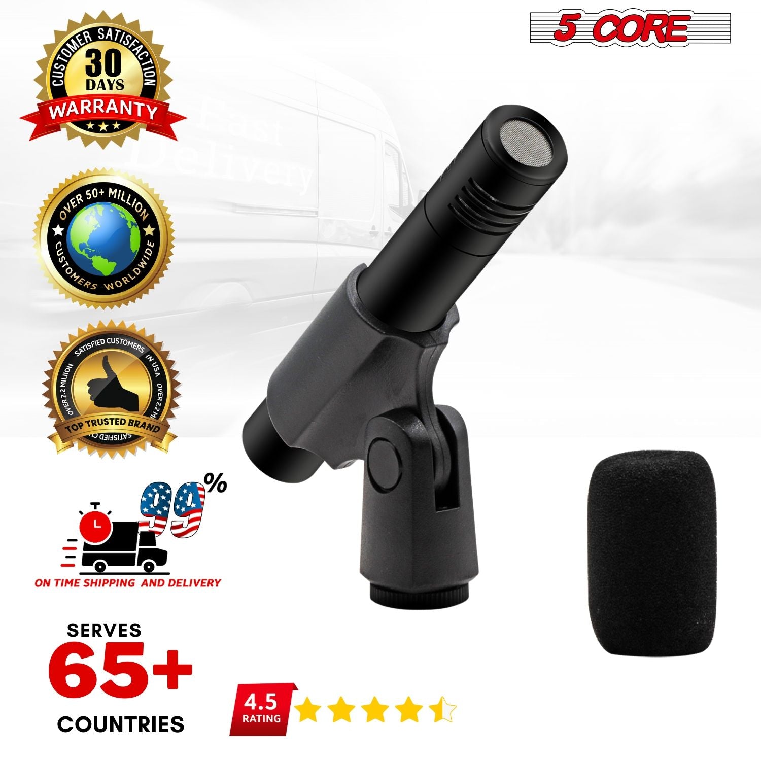 5 CORE Professional Instrument Microphone Pencil Mic Condenser Cardioid Unidirectional Stick Microfono with Windscreen Mic Clip & Case - INSTRU MIC 300 BLK