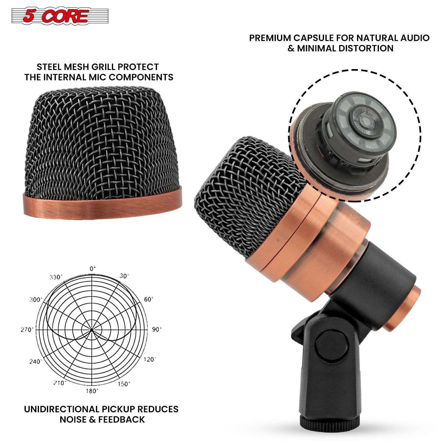 5 CORE Snare Microphone Copper Finish XLR Wired Cardioid Uni Directional Tom Kick Drum Mic w Swivel Mount Steel Mesh Grille Rim Mount - SNARE XP COPPERX