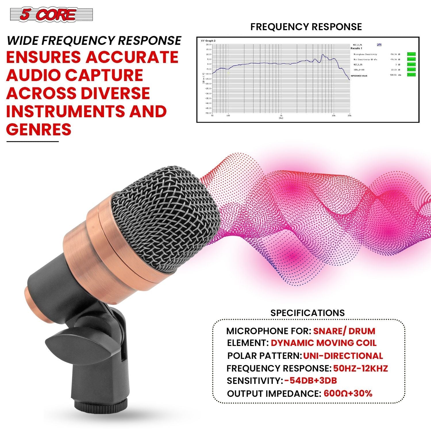 5 CORE Snare Microphone Copper Finish XLR Wired Cardioid Uni Directional Tom Kick Drum Mic w Swivel Mount Steel Mesh Grille Rim Mount - SNARE XP COPPERX