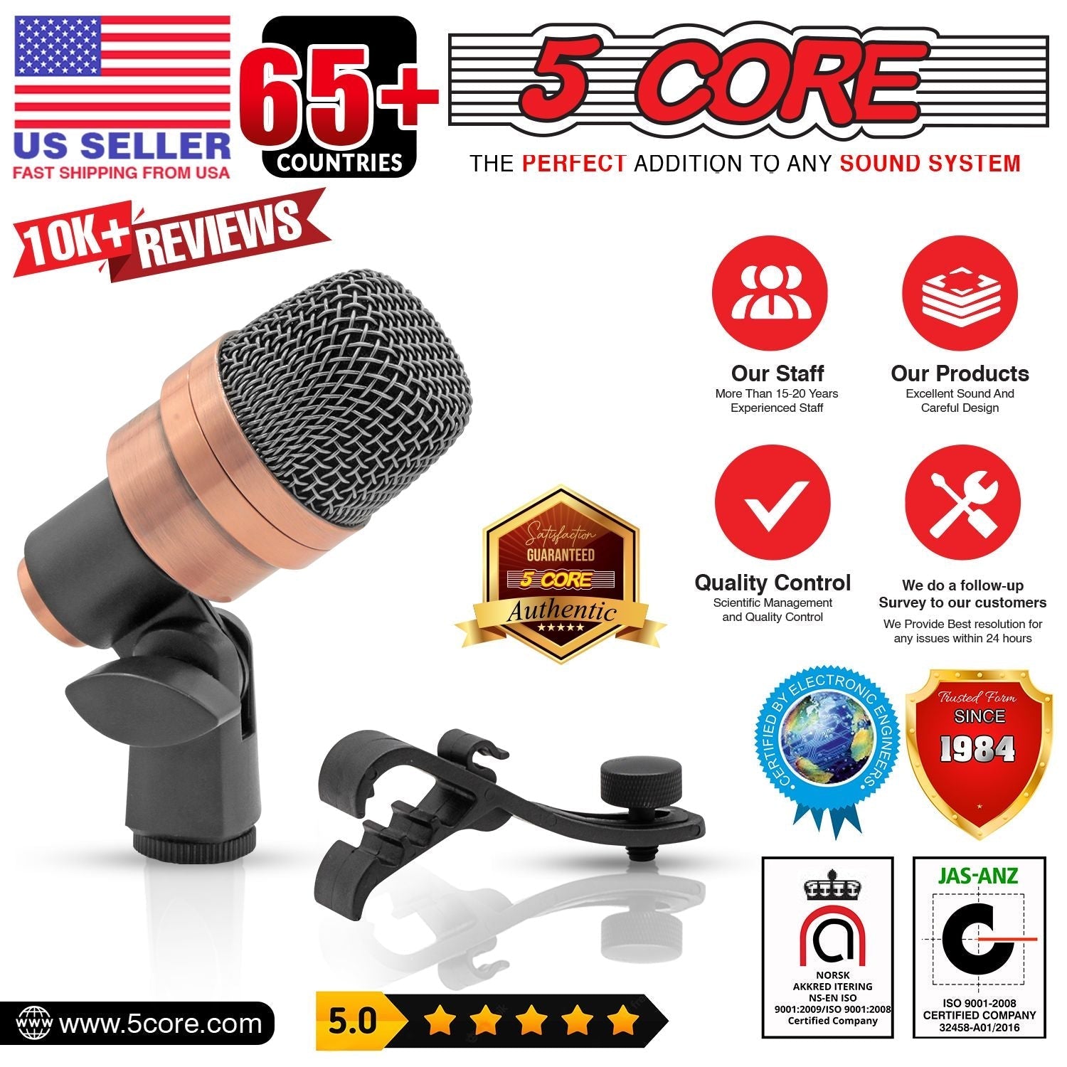5 CORE Snare Microphone Copper Finish XLR Wired Cardioid Uni Directional Tom Kick Drum Mic w Swivel Mount Steel Mesh Grille Rim Mount - SNARE XP COPPERX