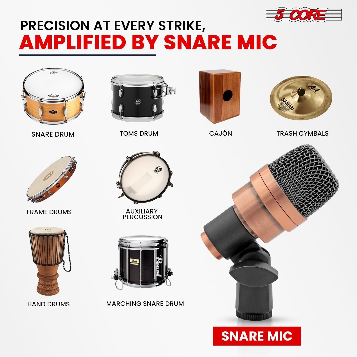 5 CORE Snare Microphone Copper Finish XLR Wired Cardioid Uni Directional Tom Kick Drum Mic w Swivel Mount Steel Mesh Grille Rim Mount - SNARE XP COPPERX