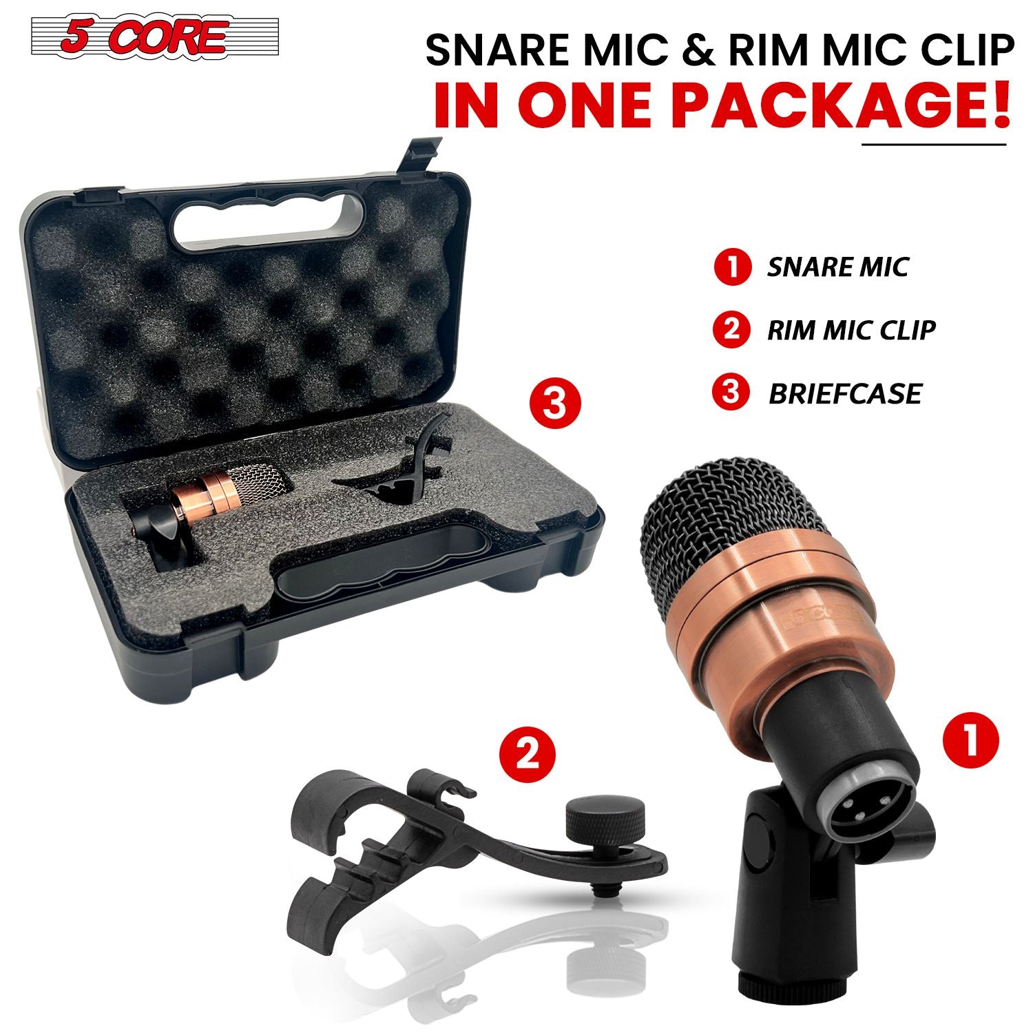 5 CORE Snare Microphone Copper Finish XLR Wired Cardioid Uni Directional Tom Kick Drum Mic w Swivel Mount Steel Mesh Grille Rim Mount - SNARE XP COPPERX