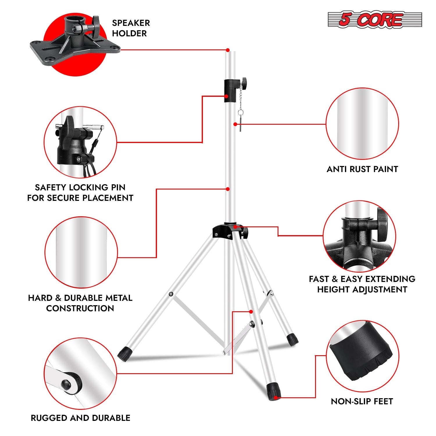 5 Core Speaker Stand 2Pcs Tripod Floor Tall Adjustable Up to 72 Inch DJ Studio Monitor Stands Pole Mount