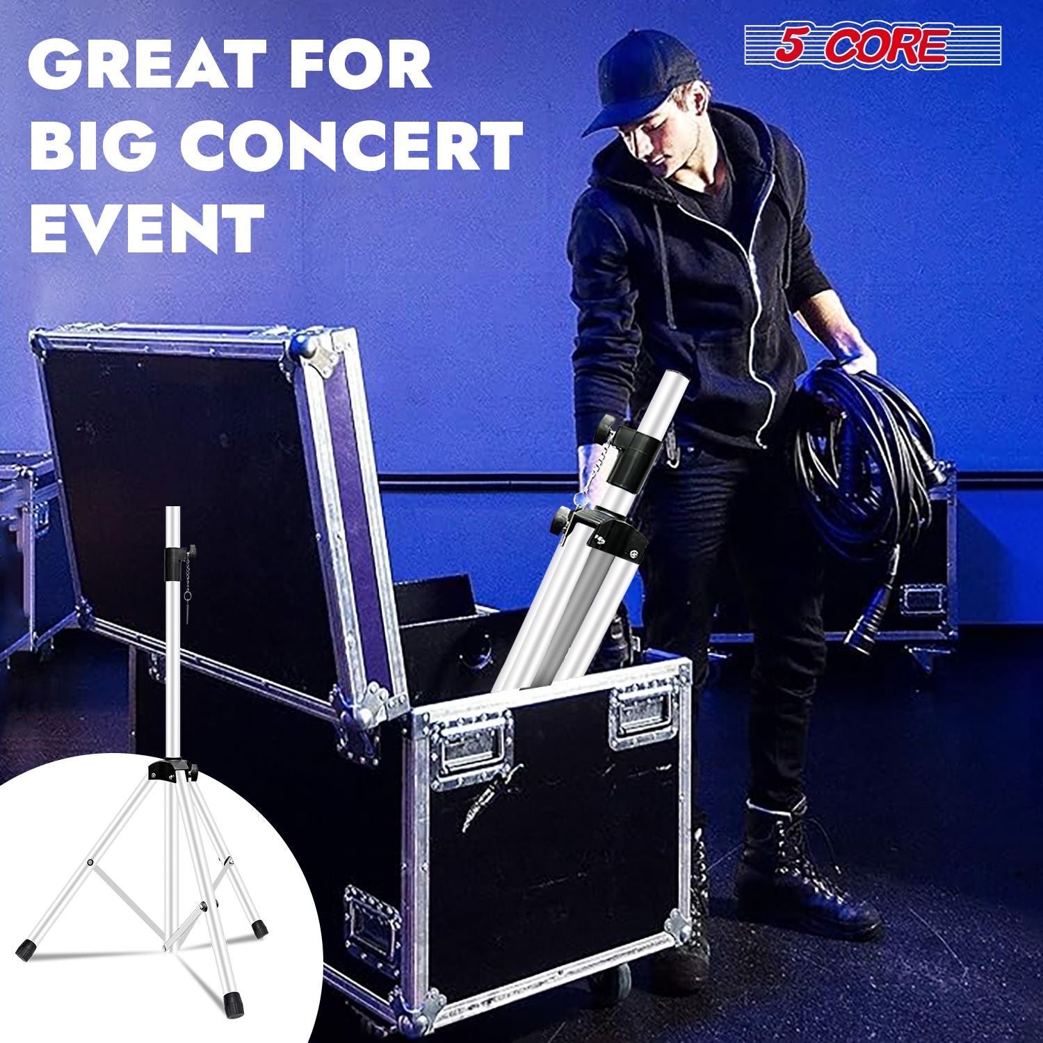 5 Core Speaker Stand 2Pcs Tripod Floor Tall Adjustable Up to 72 Inch DJ Studio Monitor Stands Pole Mount