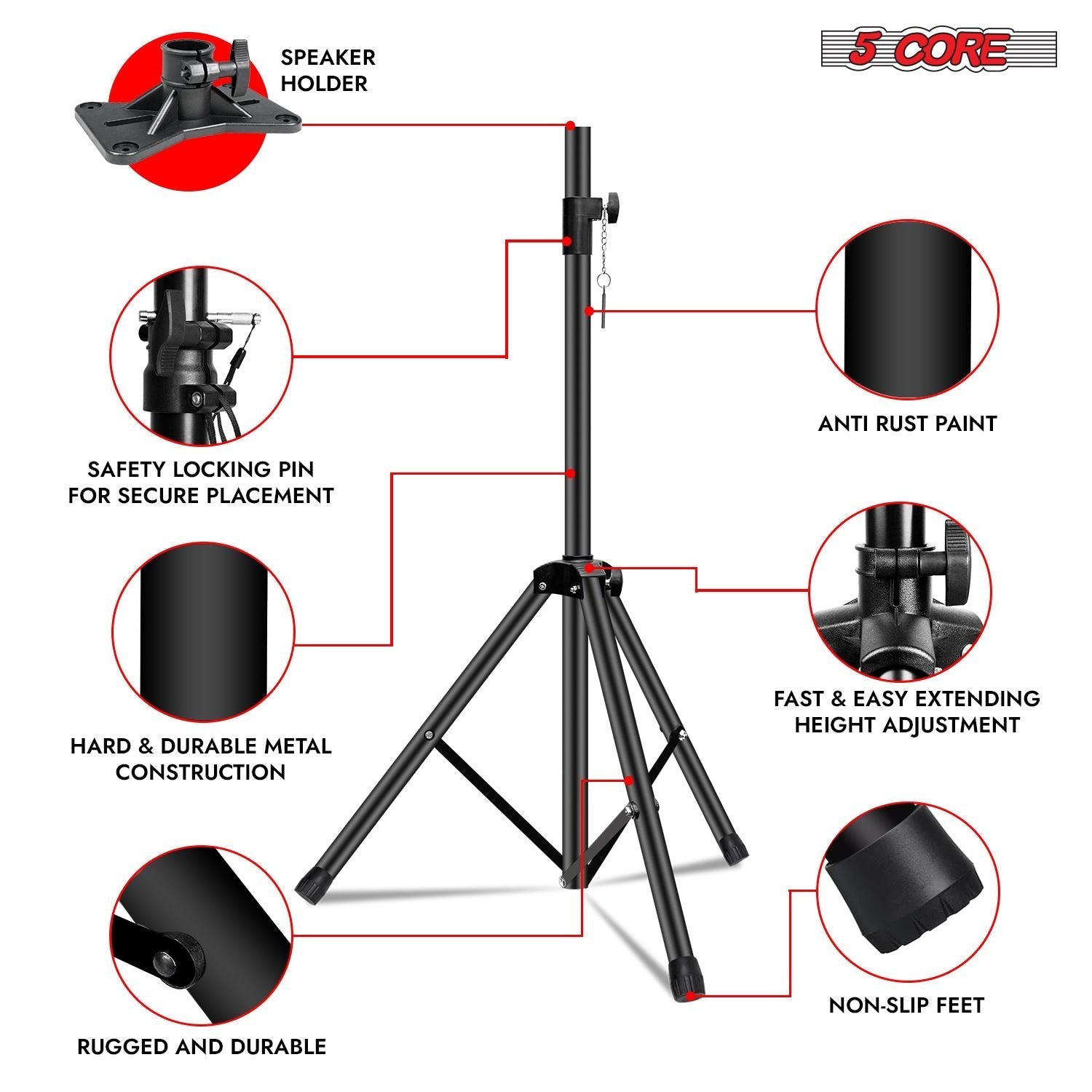 5 Core Speaker Stand 2Pcs Tripod Floor Tall Adjustable Up to 72 Inch DJ Studio Monitor Stands Pole Mount