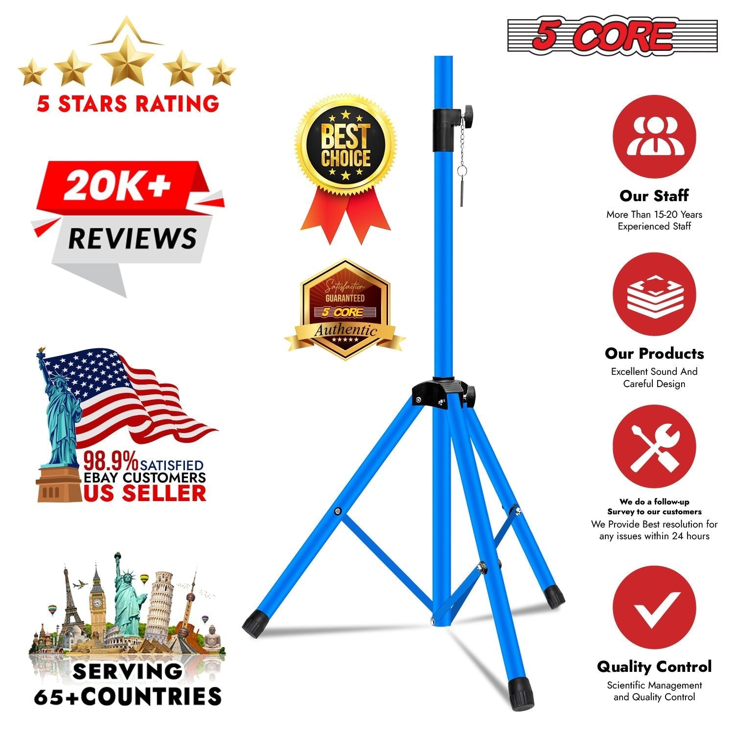 5 Core Speaker Stand 2Pcs Tripod Floor Tall Adjustable Up to 72 Inch DJ Studio Monitor Stands Pole Mount
